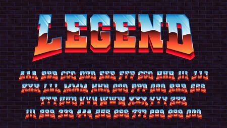 Retro futuristic latin font, vector alphabet 80 x three types of tracing of one symbol, letters and numbers with a metallic effect, retro futurism arcade game typeface vector font