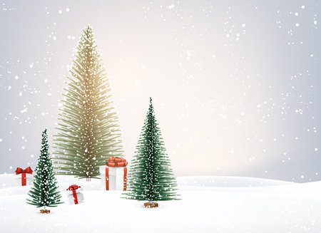 Winter landscape with christmas trees. snowy weather. beautiful presents, gifts, boxes. vector illustration.