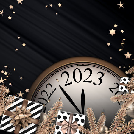 Half-hidden clock showing 2023 with stars confetti, gift boxes, fir branches. space for text.