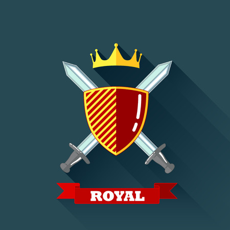 交差剣 盾と長い影と赤いリボン紋章付き外衣とフラットなデザインに王冠があるベクトル図のイラスト素材 ベクタ Image 交差剣 盾と長い影と赤いリボン紋章付き外衣とフラットなデザインに王冠があるベクトル図のイラスト素材 ベクタ Image