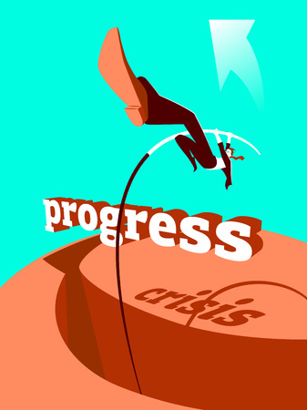 Overcoming the crisis. progress. pole vault. vector illustration