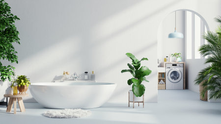 Intérieur de la salle de bain dans une salle blanche avec baignoire et machine à laver sur un mur blanc rendu 3d