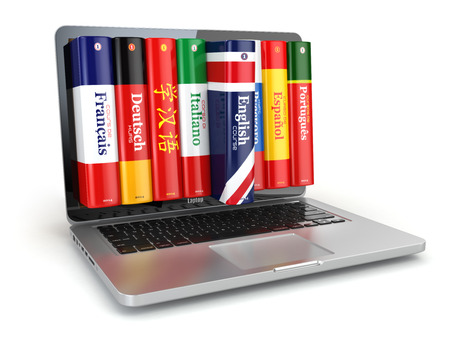 E-learning. Learning languages online. Dictionaries and laptop. 3d