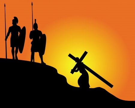 Black silhouettes of soldiers carrying the cross and on an orange background