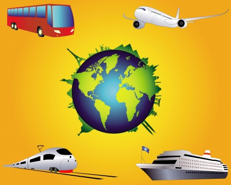 Globe with airplane sightseeing ship by bus and train on the orange background