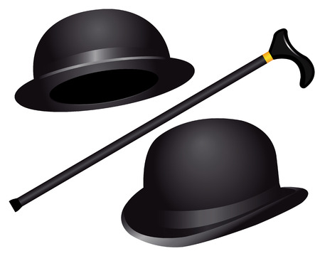 two hats and cane on white background Illustration