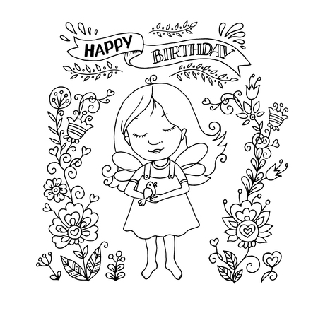 かわいい妖精の女の子と花のフレームを持つ鳥 漫画のスタイル 線形で面白いベクトル図を描きます 黒と白の画像は 塗り絵に使用できます のイラスト素材 ベクタ Image
