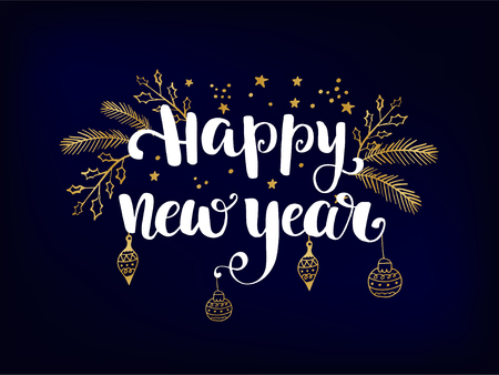 シンプルな新年カード 金箔の星 モミの木のおもちゃや枝 ホリーベリーと手書きの文字幸せな新年を持つ濃い青色の背景のイラスト素材 ベクタ Image
