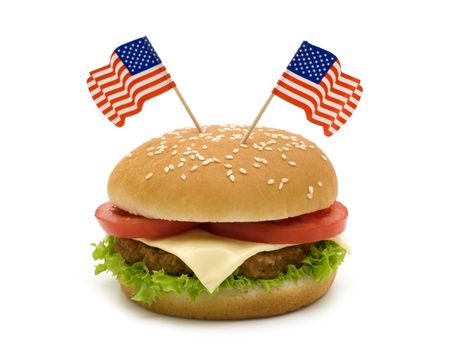 Tasty hamburger with two flags on white background - 4290533