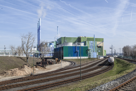 Frankfurt, germany - mar 6, 2013: industry park in frankfurt hoechst with rails and power plant