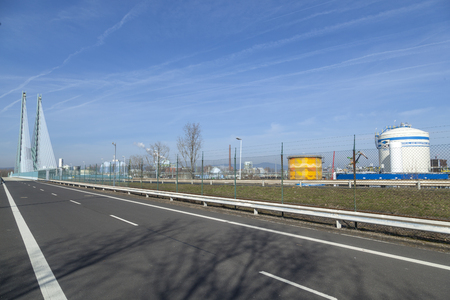 Frankfurt, germany - mar 6, 2013: industry park in frankfurt hoechst with pipelines under blue sky Stock Photo