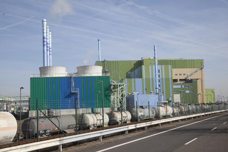 Frankfurt, germany - mar 6, 2013: industry park in frankfurt hoechst with rails and power plant