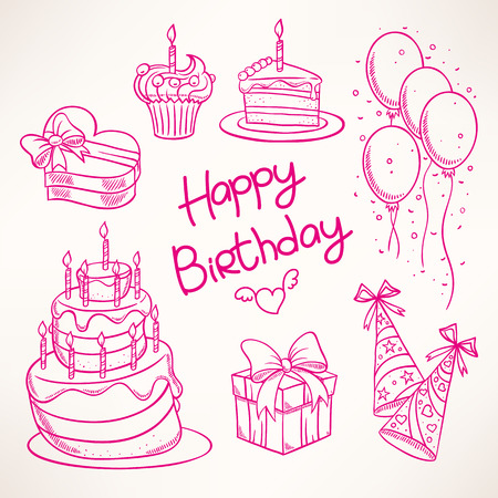 お誕生日おめでとう 誕生日を設定かわいいケーキやプレゼントのイラスト素材 ベクタ Image