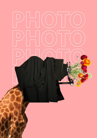 An Oldschool Photographer. A Giraffes Head As A Man Taking Photo By Old Vintage Camera And Lens With Red And Yellow Flowers Against Pink Background. Modern Design. Contemporary Art Collage.