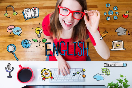 English concept with young woman wearing red glasses in her home office