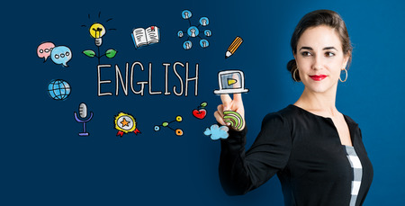 濃い青の背景にビジネスの女性と英語の概念 の写真素材 画像素材 Image 濃い青の背景にビジネスの女性と英語の概念 の写真素材 画像素材 Image