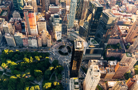 Aerial view of columbus circle and central park in new york city at sunset