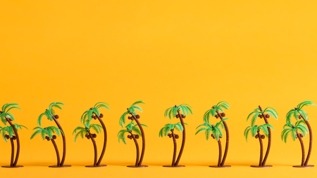 tropical theme with little palm trees on a yellow background stock