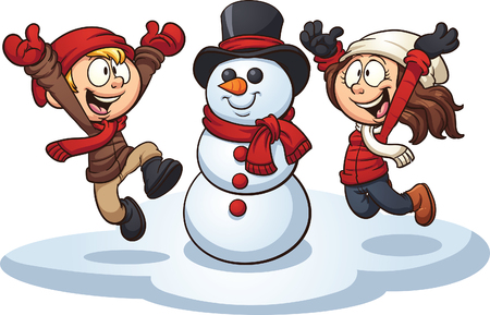 Cartoon kids building a snowman. Vector clip art illustration with simple gradients. Each element on a separate layer. - 45852528