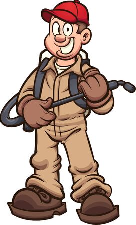 Cartoon Fumigator Or Pest Control Guy Clip Art. Vector Illustration With Simple Gradients. Some Elements On Separate Layers.