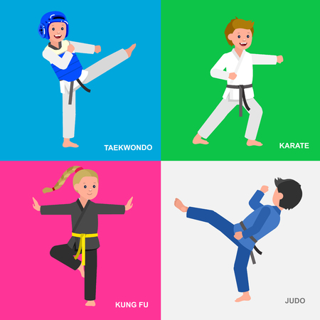 かわいいベクトル文字の子 格闘技柔道ポスター用イラスト 子供着物 トレーニング柔道 ベクトル楽しい子 子供とスポーツのイラスト 子供が柔道 のポーズを取るのイラスト素材 ベクタ Image