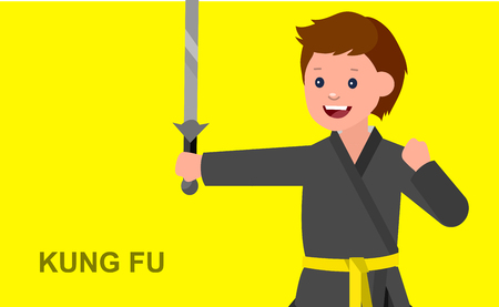 かわいいベクトル文字の子 武術カンフーのポスターのイラスト 子供着物 カンフー トレーニング ベクトル楽しい子 子供とスポーツのイラスト 子供カンフー 格闘ポーズを取るのイラスト素材 ベクタ Image