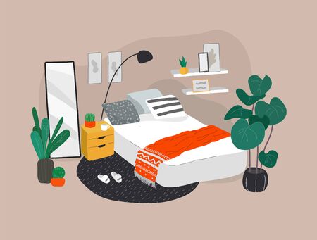 Scandinavian Or Nordic Style Bedroom Interior Hand Drawing In