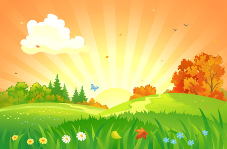 Sunset landscape vector: Vector hình minh họa của một phong cảnh hoàng hôn mùa thu đẹp Hình minh hoạ