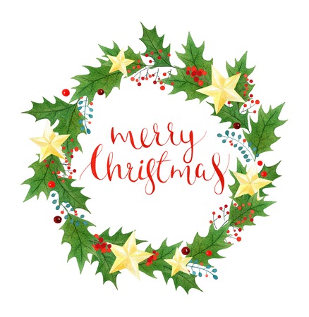 ホリーとメリー クリスマス リースは果実し 葉 黄金の星とレタリング 手作りの水彩イラストのグリーティング カード の写真素材 画像素材 Image ホリーとメリー クリスマス リースは果実し 葉 黄金の星とレタリング 手作りの水彩イラストのグリーティング カード の写真素材 画像素材 Image
