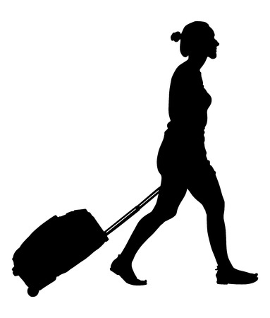 白い背景で隔離のバックパック ベクトル シルエット イラストを観光 女性の乗客が歩いています 旅行キャンプの少女 のイラスト素材 ベクタ Image
