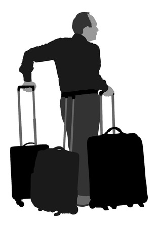 ローリング スーツケースを運ぶ観光男旅行者はベクトル白い背景に分離されたシルエット イラストです 観光客多くの袋を分離しました 旅行の男の旅客の客待ちのタクシー のイラスト素材 ベクタ Image