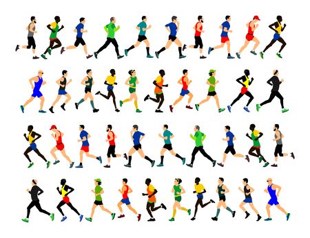 Group of marathon racers running. Marathon people vector illustration. Healthy lifestyle women and man Traditional sport race. Urban runners on the street. Team building concept. Sportsman sport hobby - 128226461