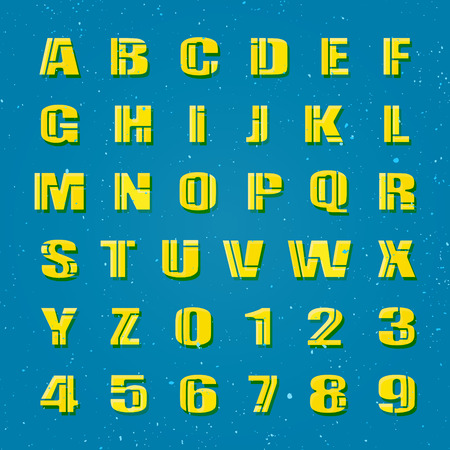 モザイク スタイルのアルファベット文字と数字 フォント タイプのデザイン 黄色のパズル要素をレタリングします 大胆な組版 通常書体テンプレートのイラスト素材 ベクタ Image