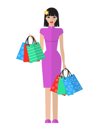 買い物袋を持つ美しい若い女性のベクトル フラット イラスト 女性は 白い背景で隔離のショッピング のイラスト素材 ベクタ Image