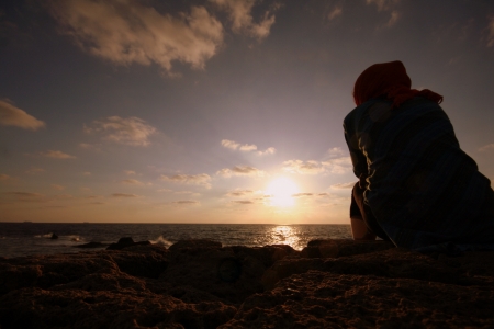 sad lonely: girl looking at sunset