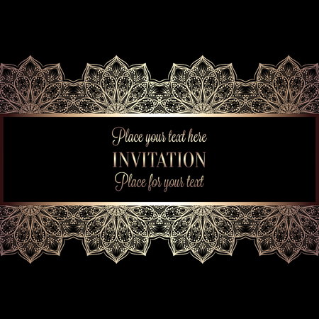 花の招待カードやアンティーク 豪華な黒とゴールドのビンテージ フレーム ビクトリア朝のバナー 複雑な壁紙レース飾り バロック様式の小冊子 ファッションのパターン デザインのテンプレートと背景 のイラスト素材 ベクタ Image 7944