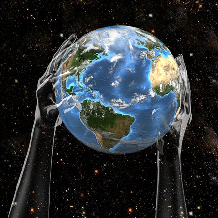 Planeta Terra mantido no espaço estelar cósmico por mãos invisíveis.  Banco de Imagens - 2047013