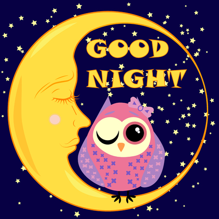 おやすみなさい 休眠三日月 かわいい漫画のフクロウとテキストとポストカード のイラスト素材 ベクタ Image