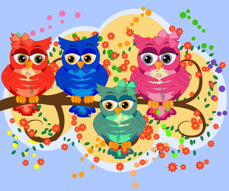 A family of colorful, bright, lovely cartoon owls on the branches of flowering trees. Moms, dads, children. Vector Illustration