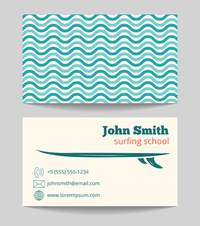 surfing school business card template with ocean and sea waves