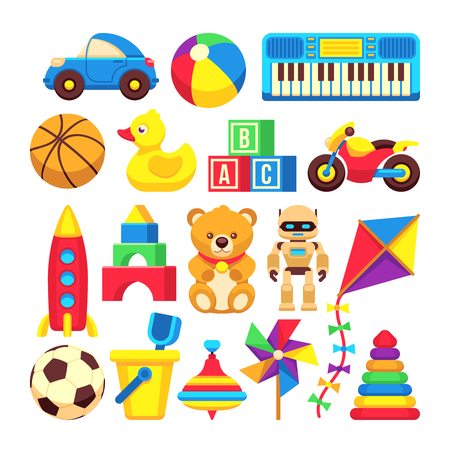 漫画の子供おもちゃベクター アイコン白で隔離 漫画赤ちゃんおもちゃボールとクマ 面白いおもちゃゲームのイラスト のイラスト素材 ベクタ Image