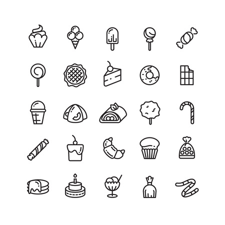 クッキー チョコレート ケーキ お菓子の手描きアイコン セット お菓子の落書き絵文字コレクションです 漫画のスタイルのスケッチ デザイン要素です ライン アートの細い線 お菓子のシンボルのコレクションです のイラスト素材 ベクタ Image