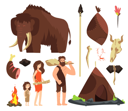 Caveman. Cartoon neolithic people characters. Prehistoric neanderthal family with animals and weapons. Isolated vector set. Mammoth and hut, neanderthal ancient people illustration