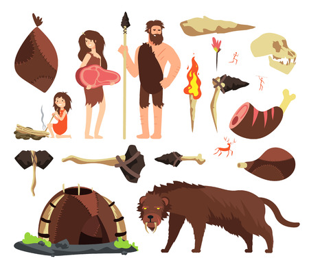 Stone age caveman. Hunting neolithic people, mammoth and prehistoric tools. Vector cartoon ancient human characters. Caveman family and hammer, ax tools illustration Foto de archivo