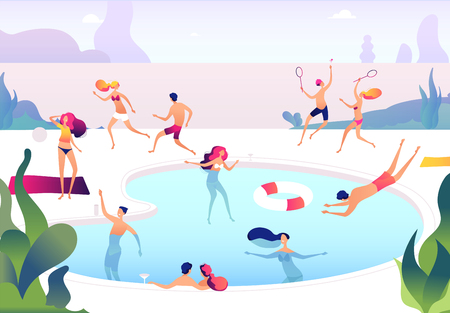 People at swimming pool. persons swim dive in summer pool relaxing sunbathing family women men water games summer party vector concept. illustration of summer swimming pool