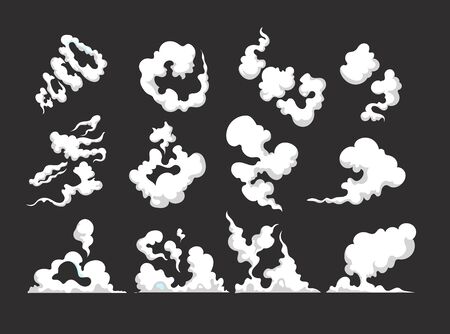 Cartoon smoke. smoking car motion clouds cooking smog smell dust toxic blast vector isolated comic collection. smog cloud, dust smoke effect illustration
