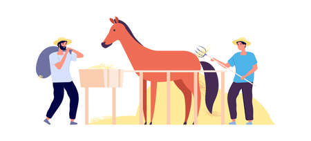 Rural life. farmers harvest hay, flat horse corral. isolated agricultural workers with pony. autumn harvesting time vector illustration. farmer horse agriculture, animal farm country