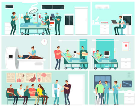 Hospital Interiors With Patients, Doctors, Nurse And Medical Equipment. Medicine Service Vector Concept. Medical Equipment Clinic, Hospital With Patient And Docto Illustration