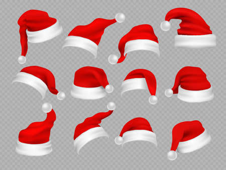 Big set of realistic santa hats isolated on transparent background. vector santa claus hat colllection, holiday cap to xmas illustration Vector Illustration