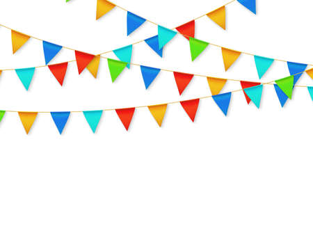 Pennant flag garland. birthday party fiesta carnival decoration. garlands with color flags 3d vector illustration. carnival decoration hanging on rope, celebration banner with place